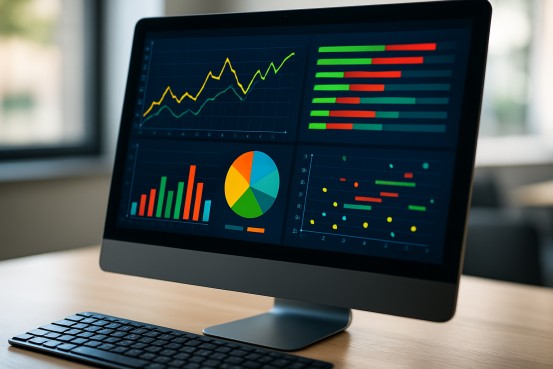 A computer displaying sports analytics graphs and betting system data