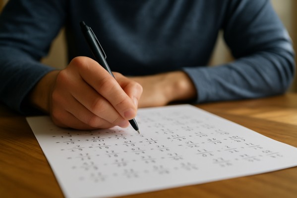 Person calculating odds using whole numbers on paper