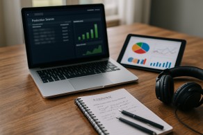 A variety of digital and traditional analytical tools on a desk for prediction in gaming