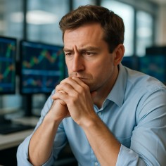 Illustration of a trader considering decisions with emotion and reason