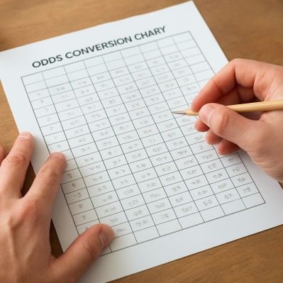 A person using an odds conversion chart for betting calculations
