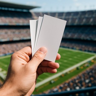 Person holding betting tickets overlooking a sports stadium