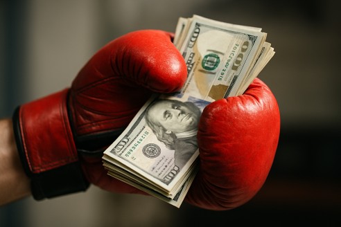 Red boxing glove holding cash to symbolise money and prize purses in boxing