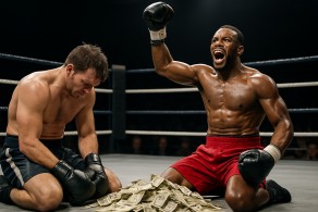 Two fighters and a pile of cash on a boxing ring after a match