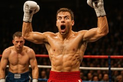A shocked boxer raising hands in victory over a stunned opponent