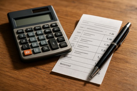 A calculator, pen and betting receipt on a wooden table