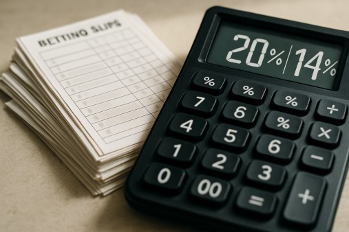 A stack of betting slips and a calculator showing percentages for betting winnings calculations