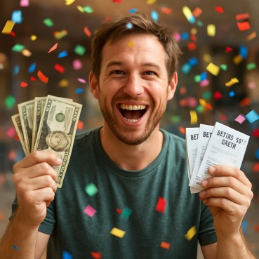 Bettor celebrating a modest payout with confetti