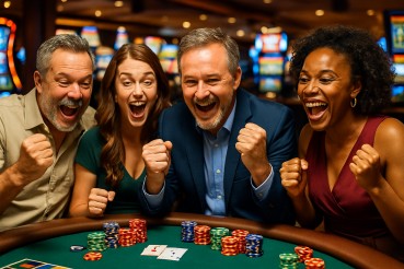 American gamblers cheering and celebrating a big win on the casino floor