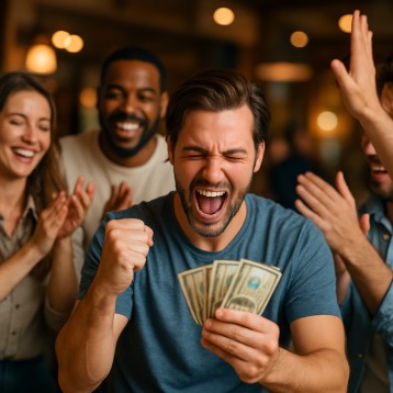 Player celebrating live winnings with friends