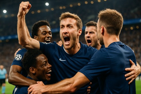 Players celebrating an unexpected goal in a champions league match