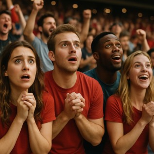 Excited fans awaiting sports result announcement after final whistle
