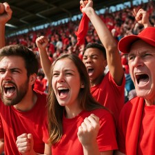 Home fans in stadium cheering with excitement