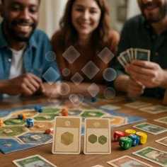 A group playing board games, with highlighted combinations and probabilities floating above cards and dice
