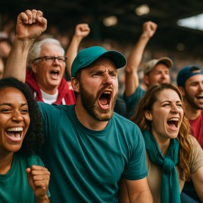 Excited fans cheering for an underdog team in the stands