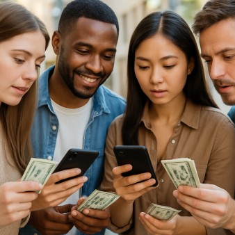People holding phones and cash while checking live currency exchange rates