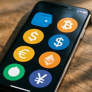 Illustration of various digital wallet and currency icons on a smartphone