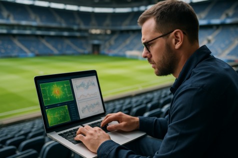 Analyst reviewing sports data on laptop in a stadium environment