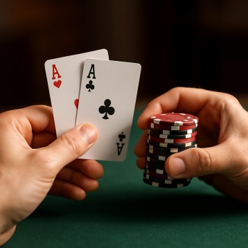 Hands holding playing cards and poker chips, symbolizing decision-making