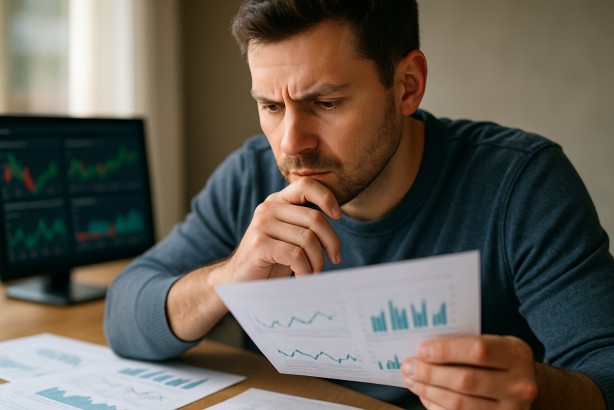 A thoughtful person reviewing data before making a betting system decision