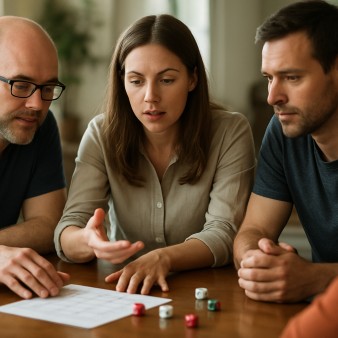 People discussing game probabilities at a table