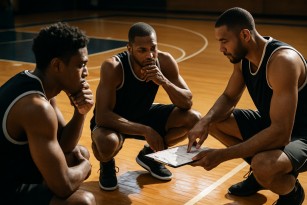 Basketball court with defensive players analyzing efficiency ratings