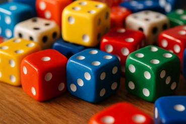 Colorful dice illustrating random outcomes and statistical models