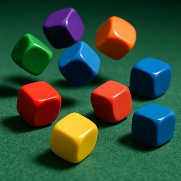 Colorful dice tumbling on a green table, representing randomness in predictions