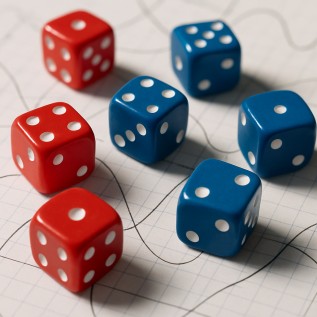 Red and blue dice scattered over mathematical graphs