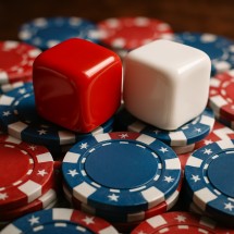 Red and white dice on a pile of poker chips representing American gambling