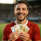 Player holding euro notes after game victory