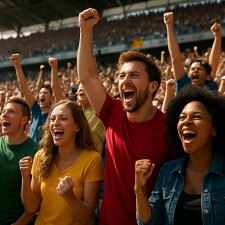 Enthusiastic fans celebrating in stadium stands during a big event