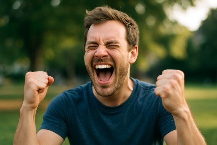 Person celebrating a surprising win after game results