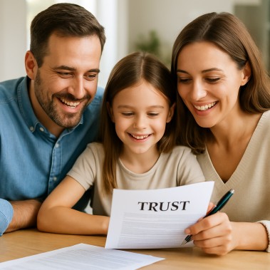 A happy family reviewing trust documents, symbolizing peace of mind and future planning