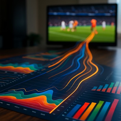 Colorful infographic showing data flowing to a sports screen in real time