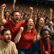 Fans cheering wildly in a packed stadium