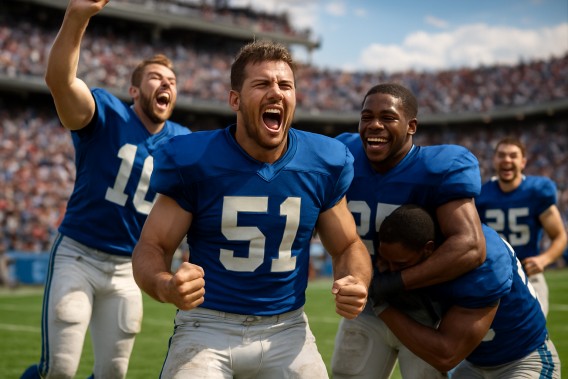Underdog football team celebrating a major victory on the field