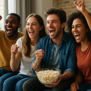 Friends watching a sports event and cheering together