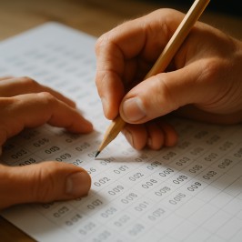 Close-up of hands working with decimal numbers on paper