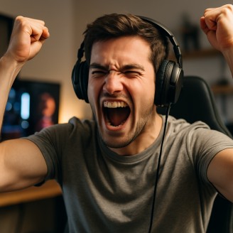 A player celebrating a dramatic win in a game room