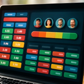 Colorful betting dashboard with gamified progress bar and player avatars