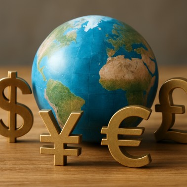 Globe and currency symbols representing international payment flows