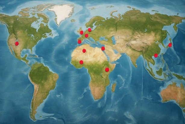 Map showing locations of teams knocked out during the group stage in a major tournament