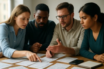 People collaborating around a table making decisions for betting strategies