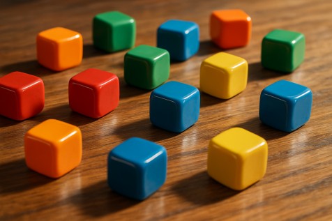 Colorful dice scattered across a wooden table, representing chance