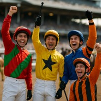 Winning jockeys celebrating at a major horse racing track