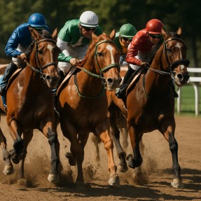 Horses racing to the finish line for prize money