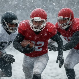 American football players braving a snowstorm during play
