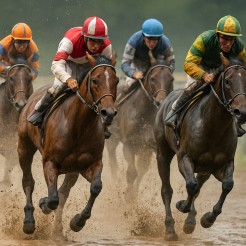 Jockeys battling wet track conditions during a competitive race