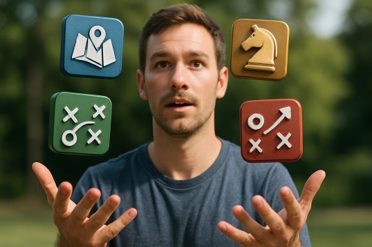 Person juggling gaming icons, representing different strategies